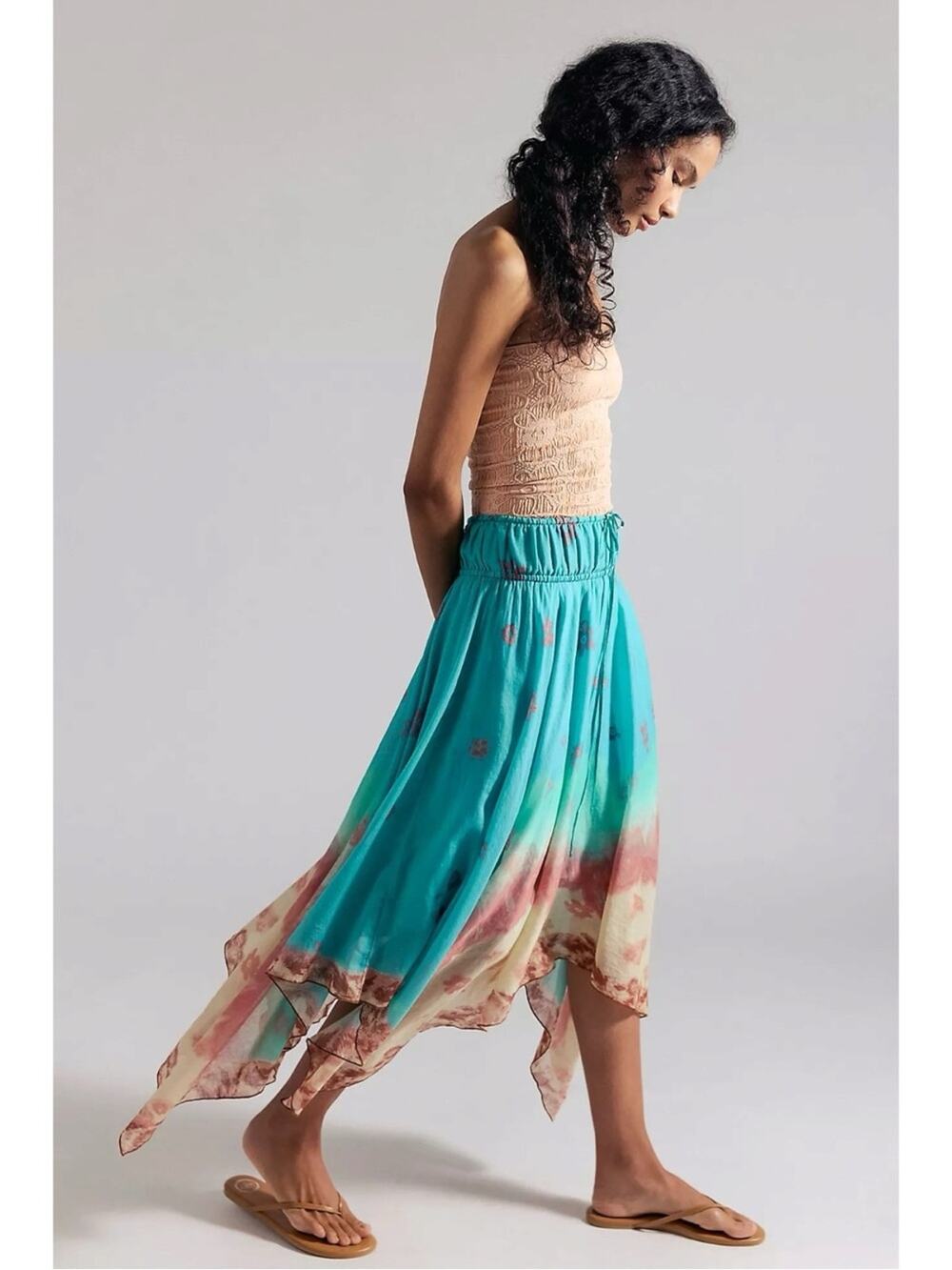 Free People Bohemian 70s FP One Kaia Asymmetrical Midi Skirt Ocean Surf Large